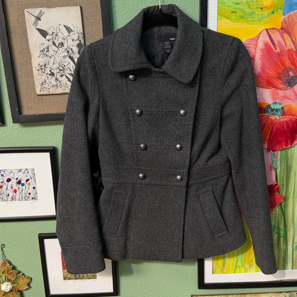 H&M Pea Coat Women SZ 4 Gray Wool Blend Double Breasted Military Nautical Sailor